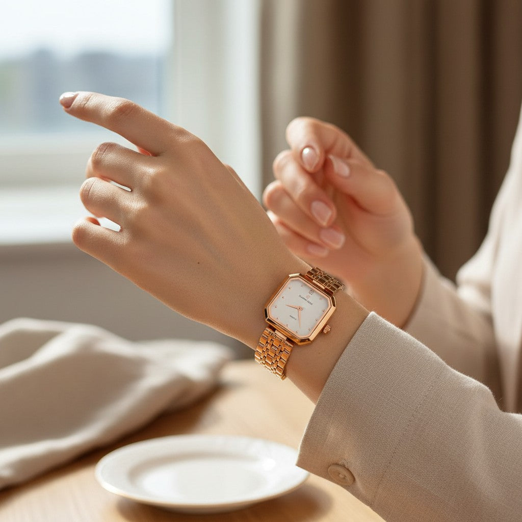 Women's gold square watch with soft rose glow and dotted dial, Jack Gifts Online Lebanon