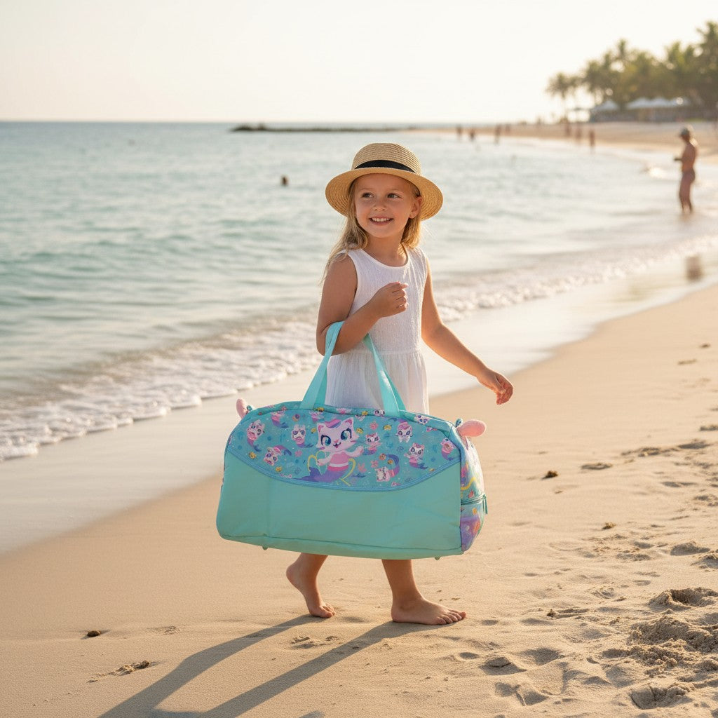 Young girl in a straw hat carrying a turquoise mermaid kitten duffle bag along the shore