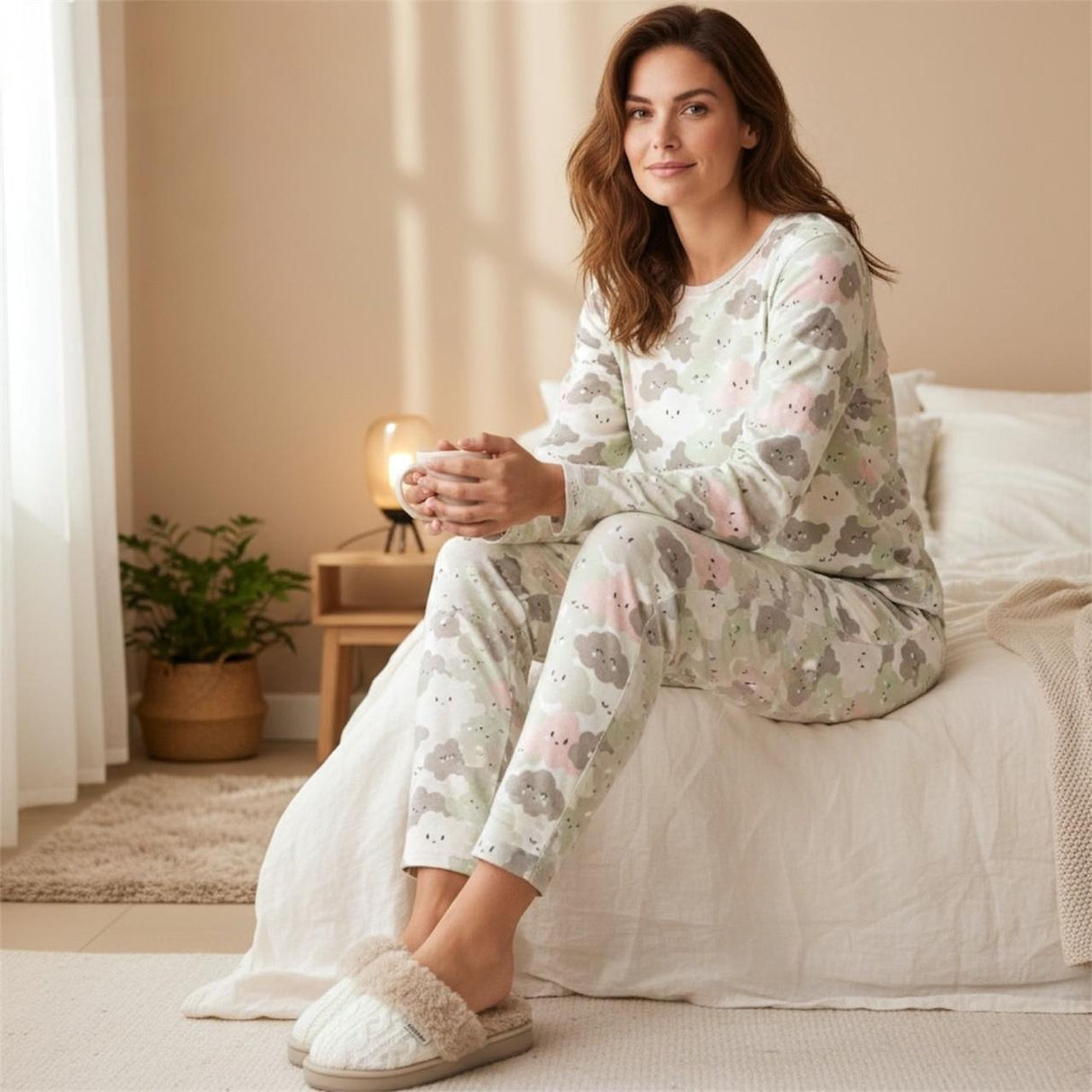 Woman wearing a floral pyjama set sitting on a bed in a cozy bedroom.