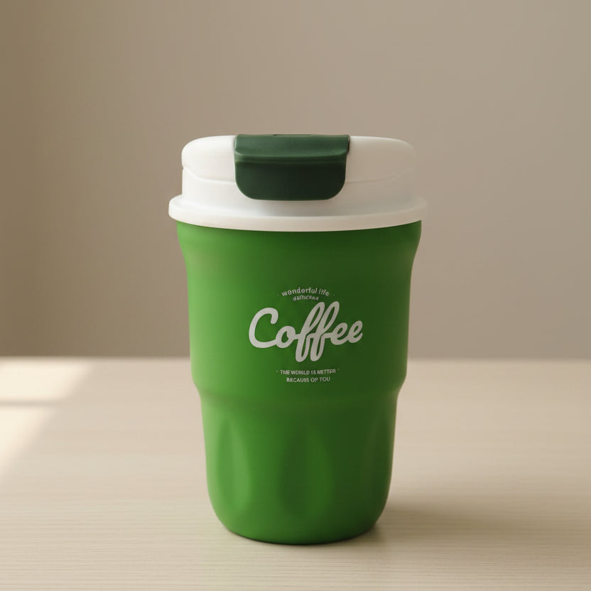 Green coffee tumbler with a white lid on a white surface, with a store shelf in the background.