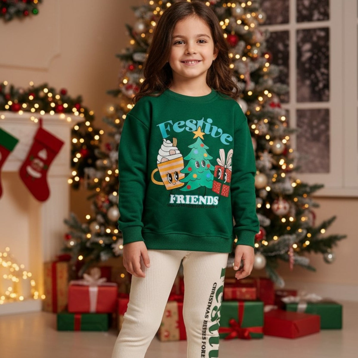 Green Christmas sweatshirt set with cream leggings beside a fireplace and stockings