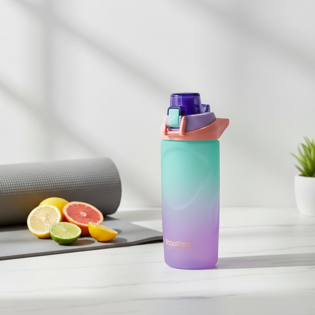 Water bottle in mint green fading to lilac purple with a flip top lock lid and side carry loop