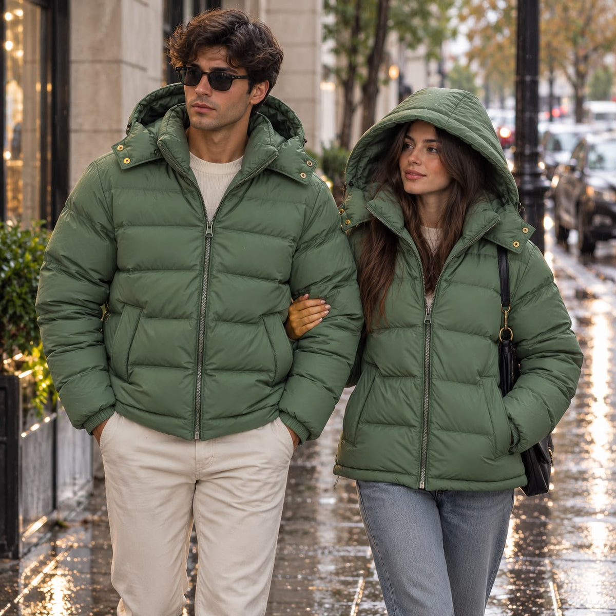 Couple strolling in the rain wearing matching sage green hooded puffer jackets