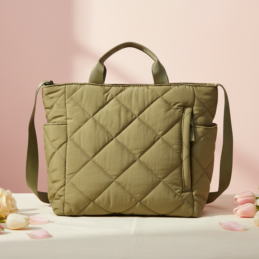 Quilted green handbag on a light pink background with tulips