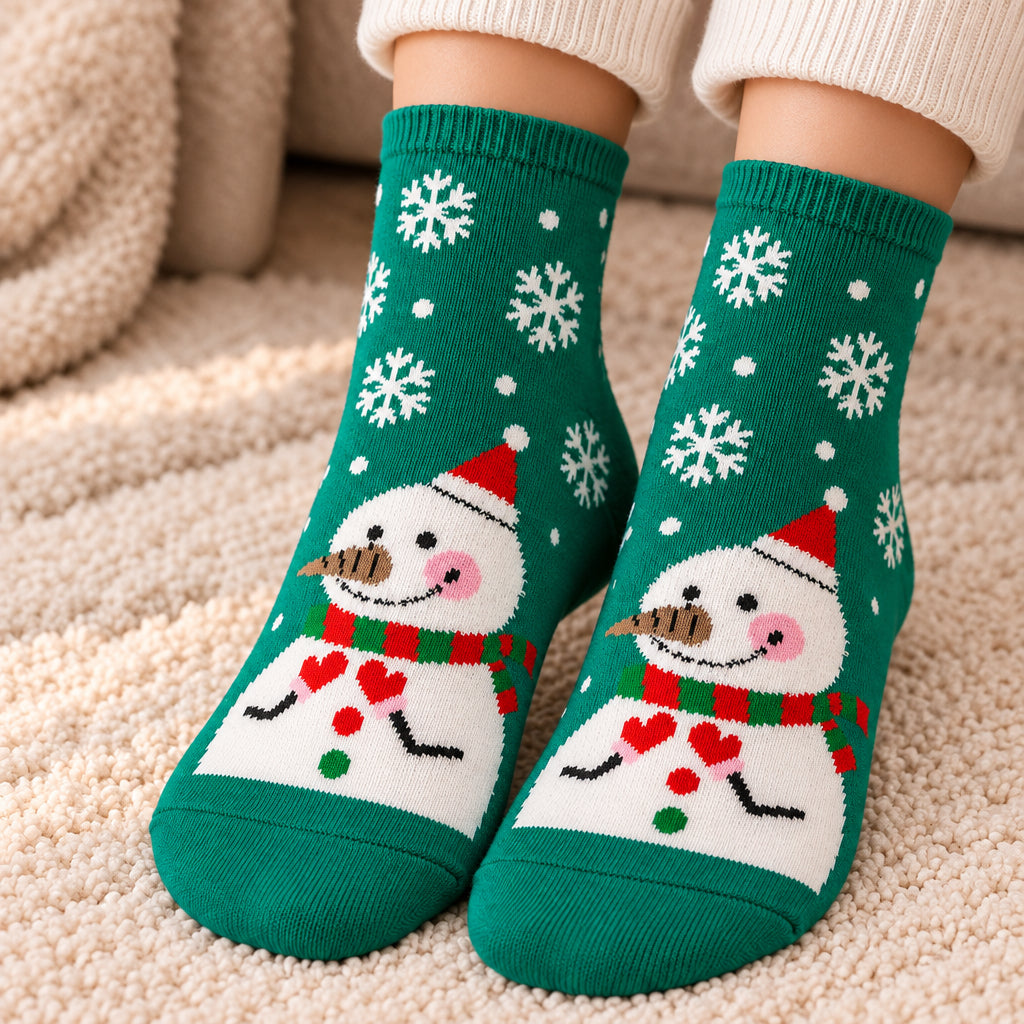 Green Christmas socks with white snowflakes and a snowman wearing a red hat and scarf