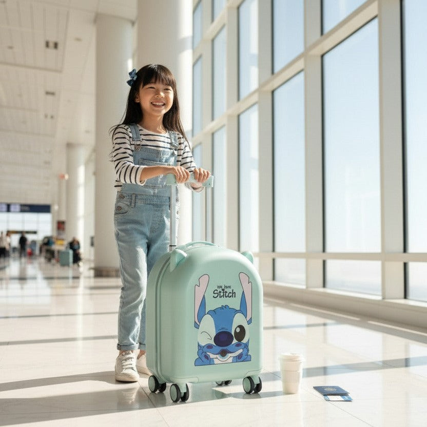 Child pulling a green suitcase with a stitch cartoon character in an airport terminal