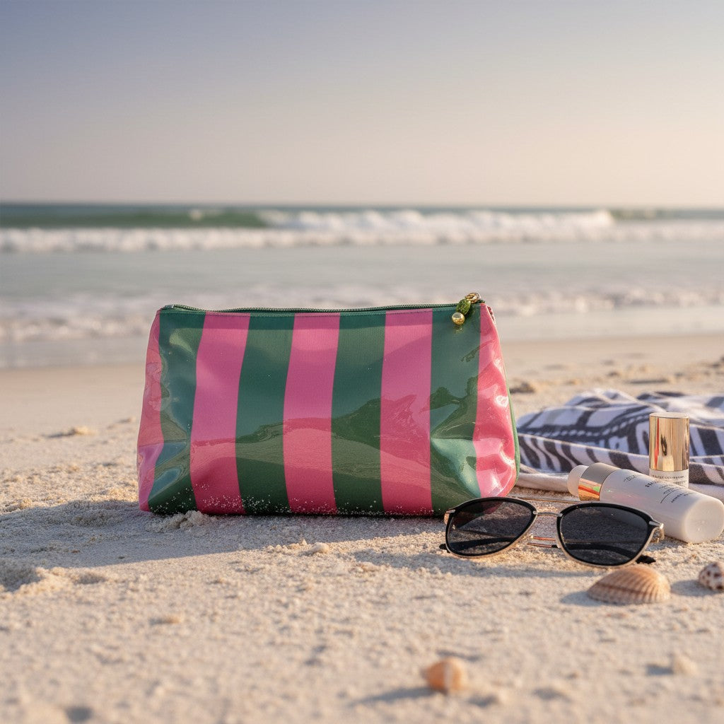 Striped pouch on a sandy beach with sunglasses and sunscreen