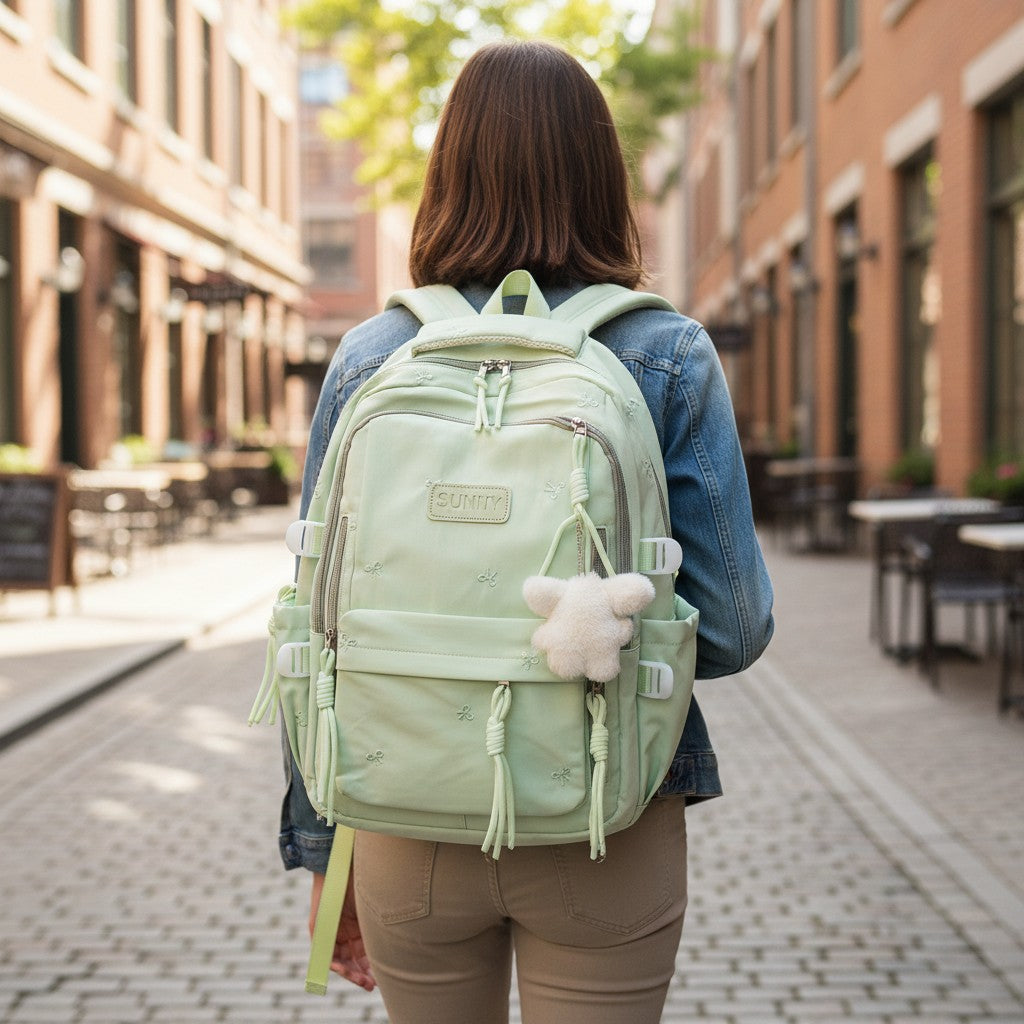 Green Sunny bow print school backpack with bunny charm, Jack Gifts Online Lebanon
