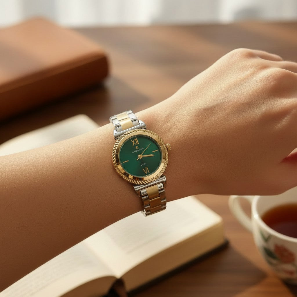 Women's green dial watch with fluted gold bezel and two tone bracelet, Jack Gifts Online Lebanon