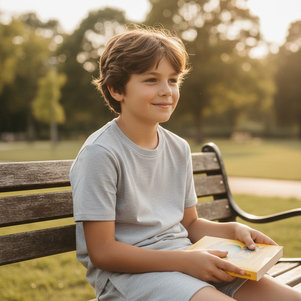 Boys light grey tee and shorts set worn in the park, Jack Gifts Online Lebanon