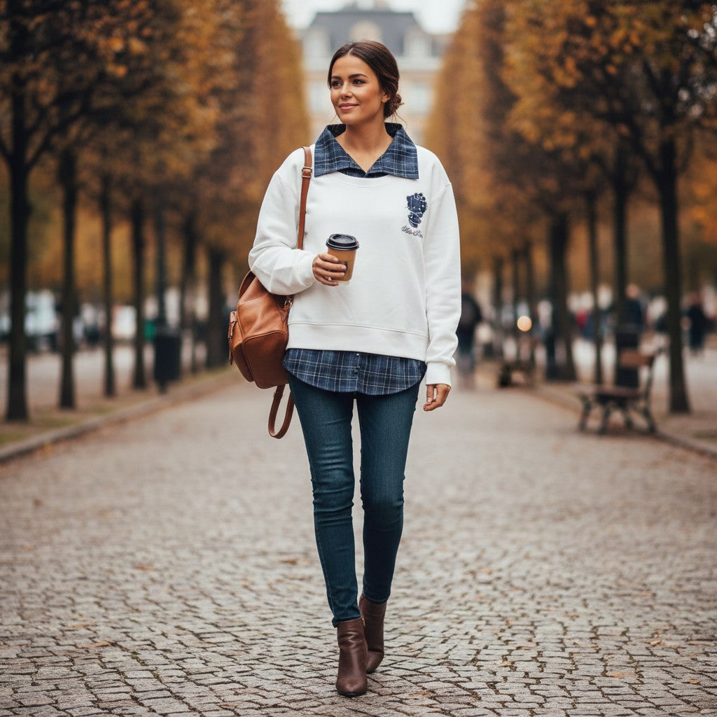 Grey layered sweatshirt worn with jeans on an autumn avenue