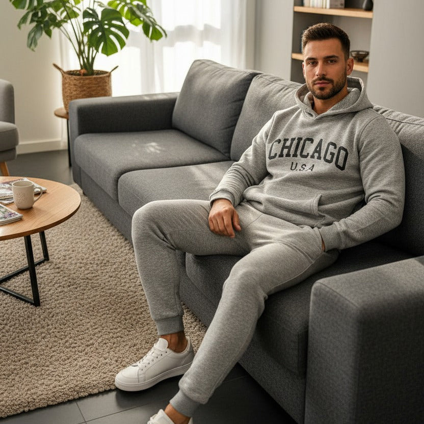 Man sitting on a grey sofa in a modern living room wearing a grey 'Chicago' set