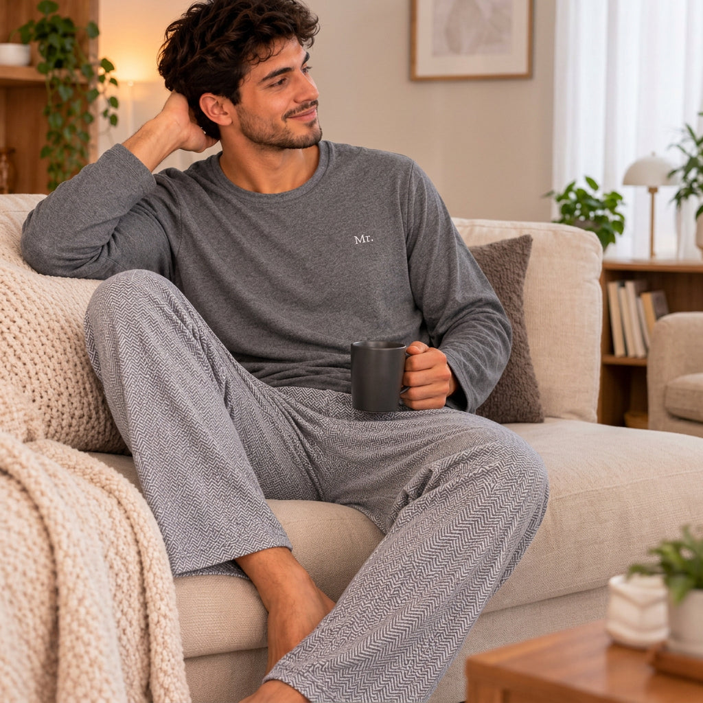 Man lounging on a sofa holding a mug in a grey crew neck top and herringbone pyjama trousers
