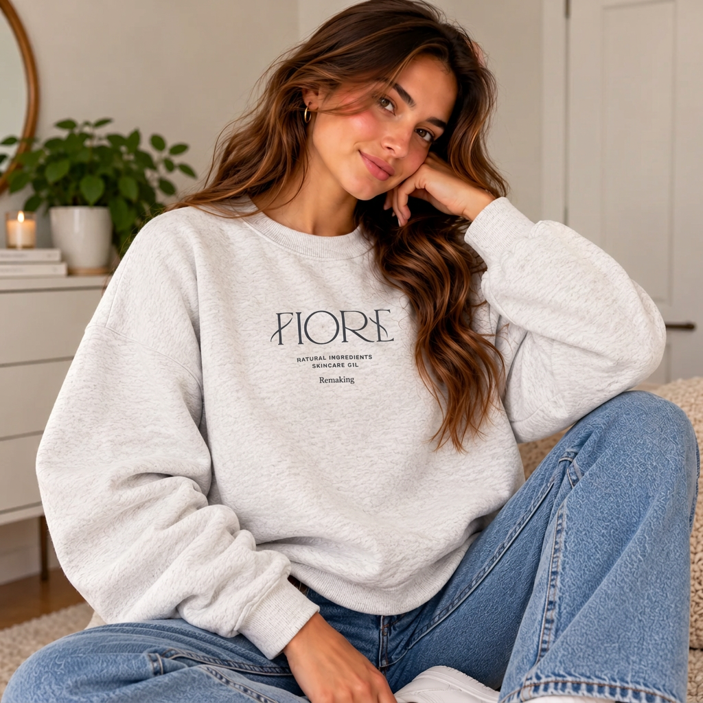 Woman in a grey crew neck sweatshirt with minimalist Fiore lettering, resting her chin on her hand in jeans