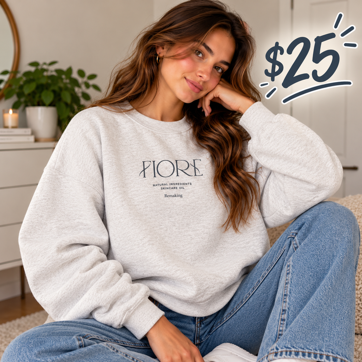Woman in a grey crew neck sweatshirt with minimalist Fiore lettering, resting her chin on her hand in jeans