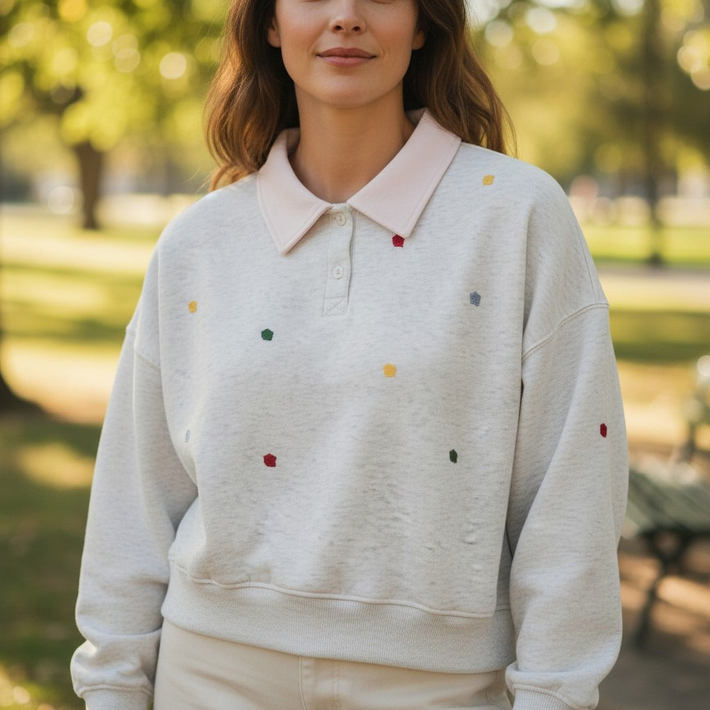 Grey marl polo sweatshirt with pink collar and embroidered flowers, Jack Gifts Online Lebanon