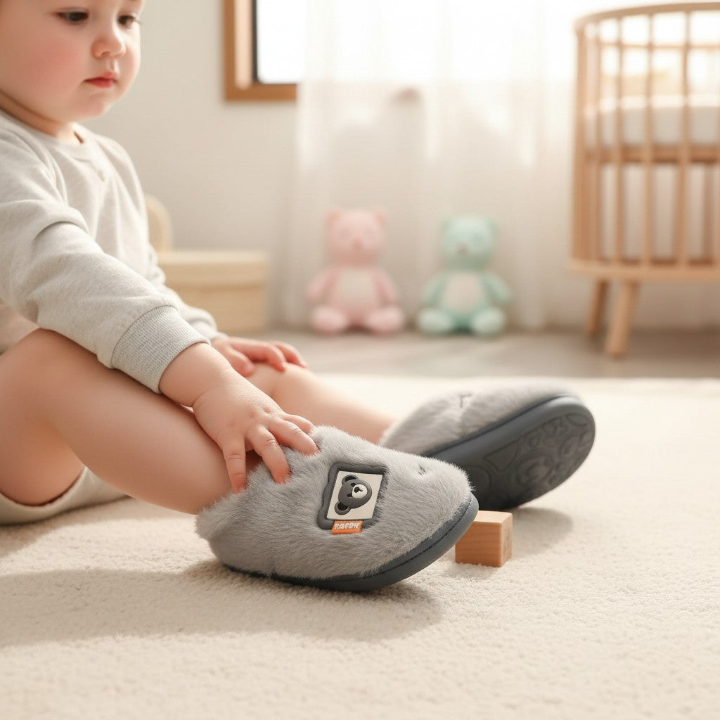 Toddler wearing grey fluffy kids slippers with a bear face patch