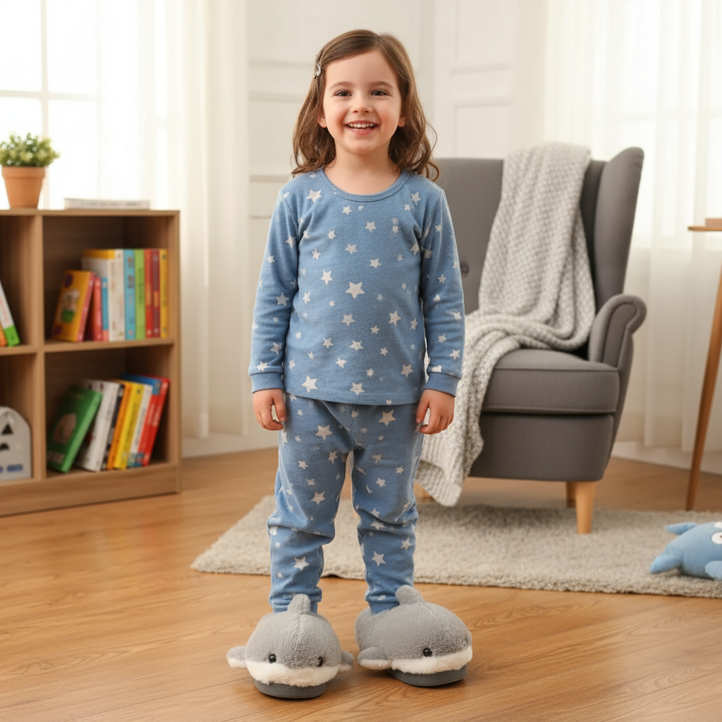 Girl in star print pyjamas wearing grey plush shark slippers with soft fins