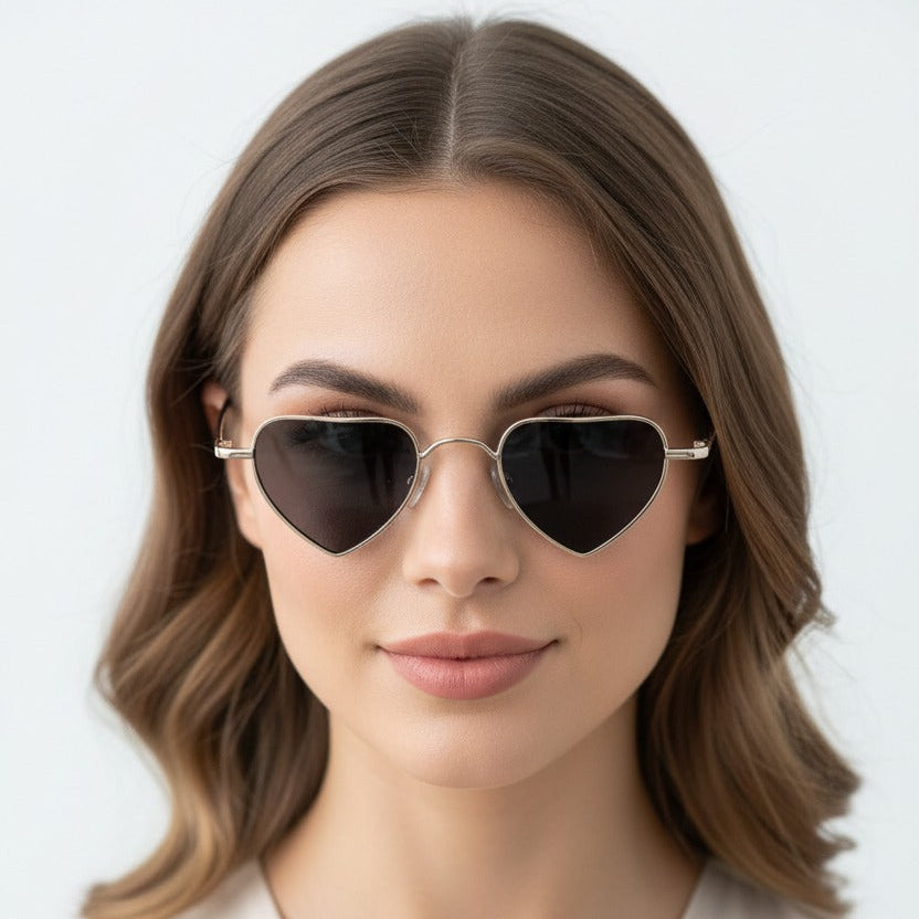 Grey heart-shaped sunglasses worn by a model with a plain background