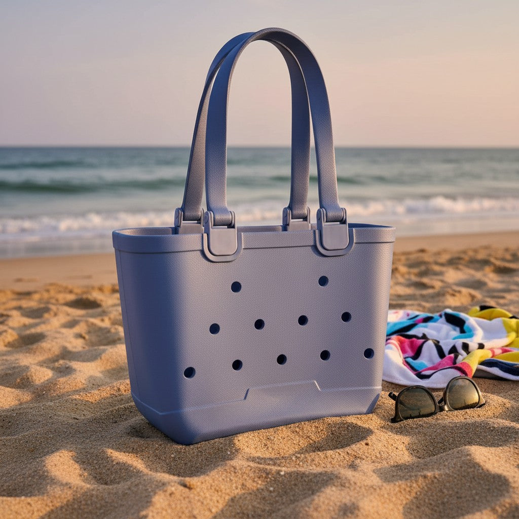 Kids grey lavender EVA beach tote bag with a rolled rim