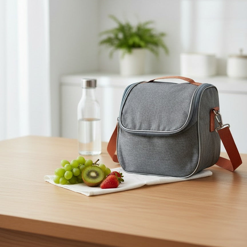 Grey lunch box on a wooden table with fruits and a bottle