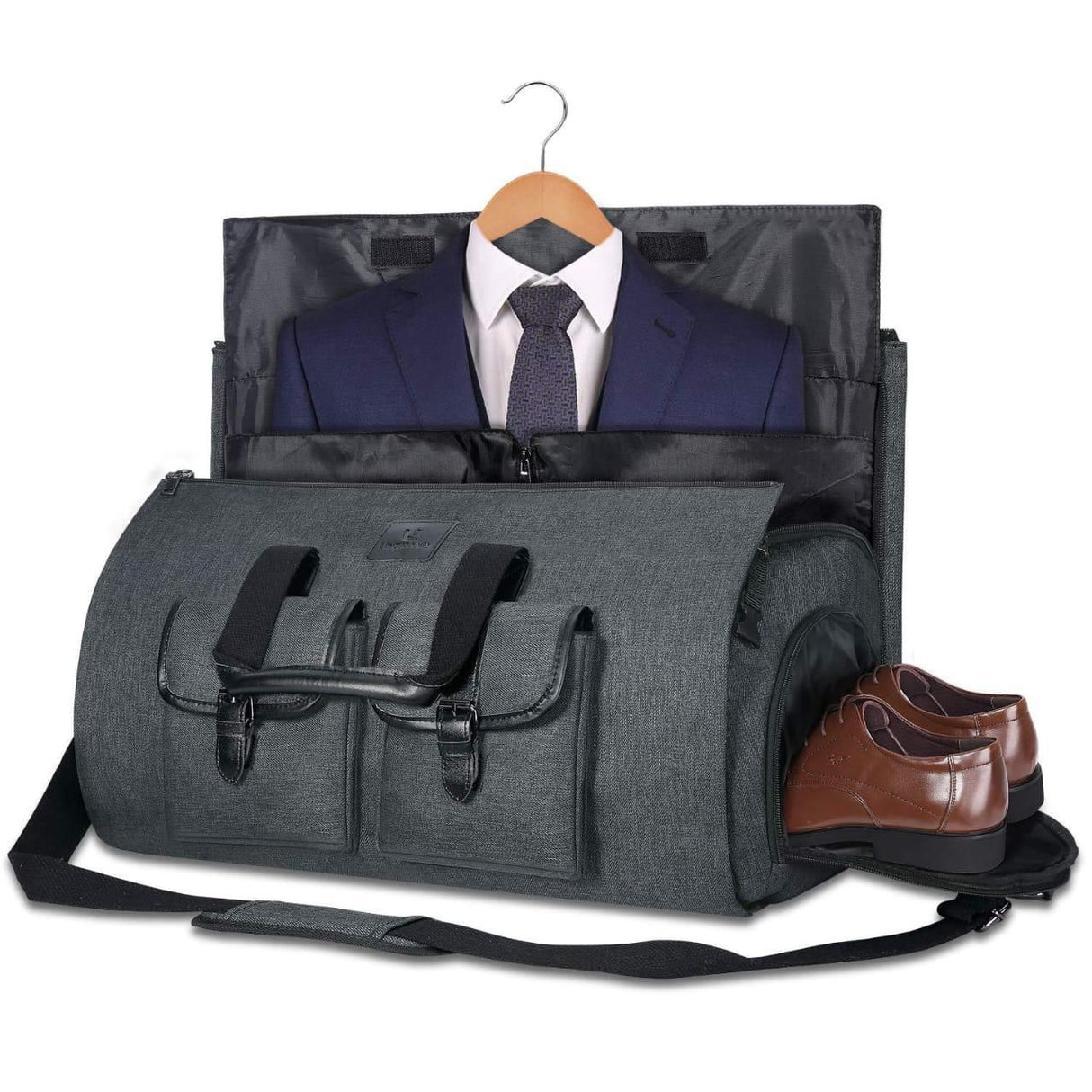 Men's grey duffle bag side view showing zip closure and reinforced base