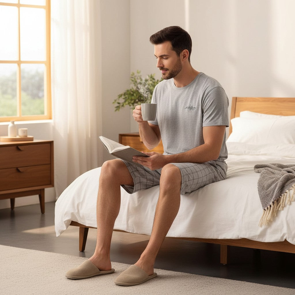 Grey pantacour pyjama set worn reading on a bed with slippers on