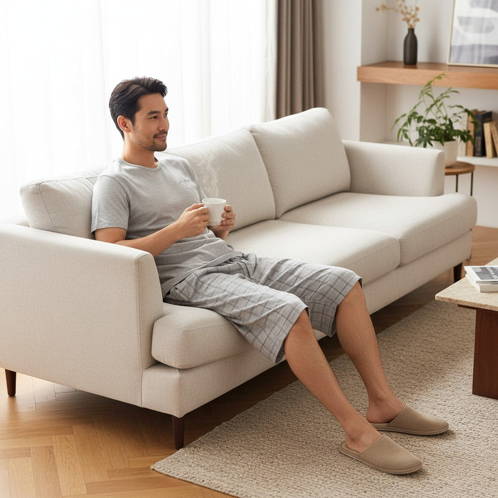 Grey pantacour pyjama set worn relaxing on a cream sofa with coffee