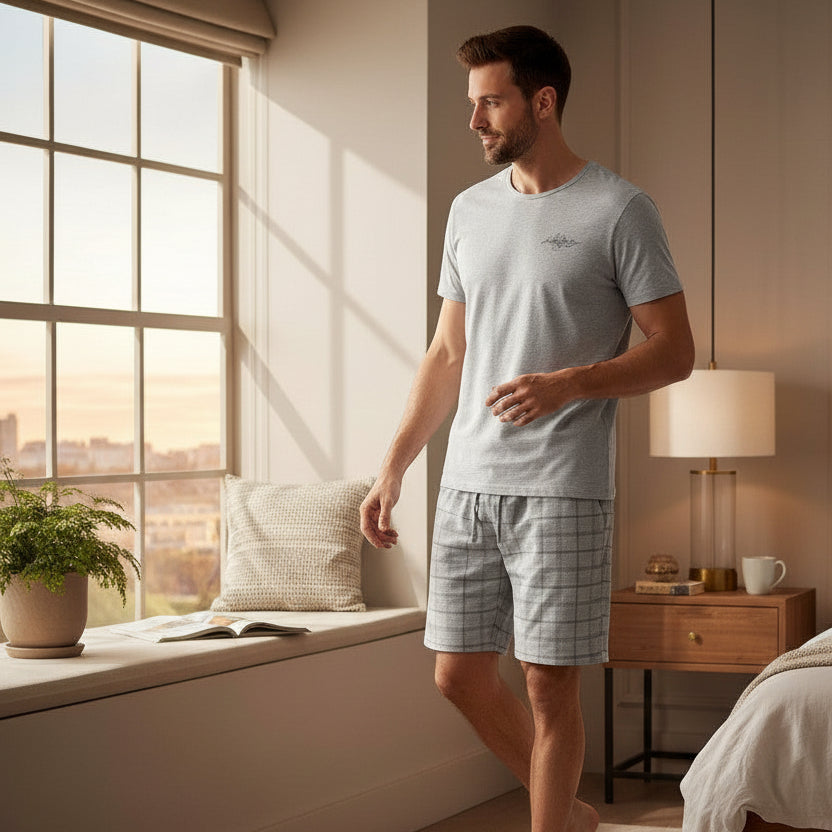 Grey pantacour pyjama set worn walking past a sunlit window seat