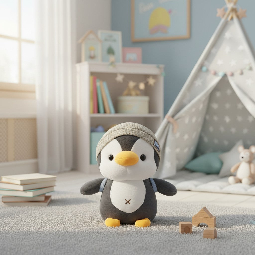 Grey beanie hat penguin plush sitting in play tent room