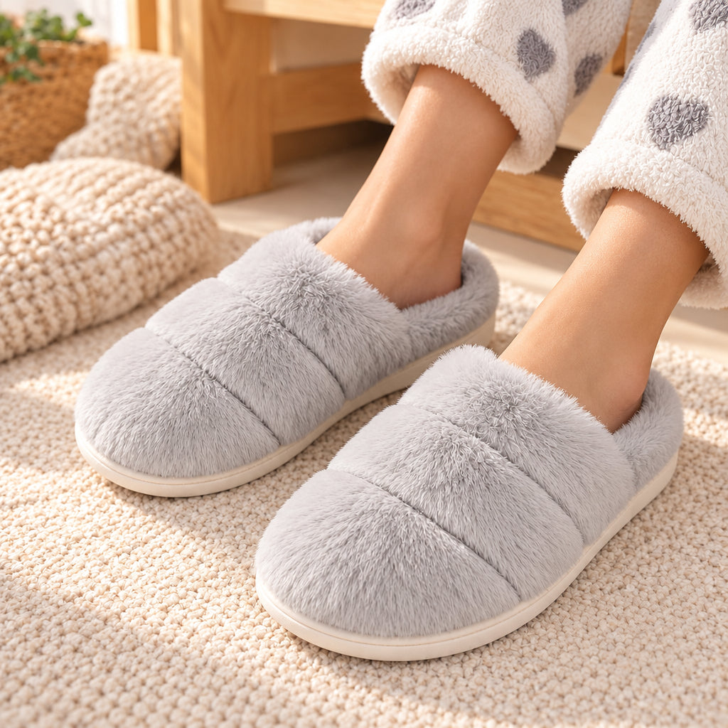 Woman in polka dot pyjamas wearing light grey quilted fluffy slippers with cream soles