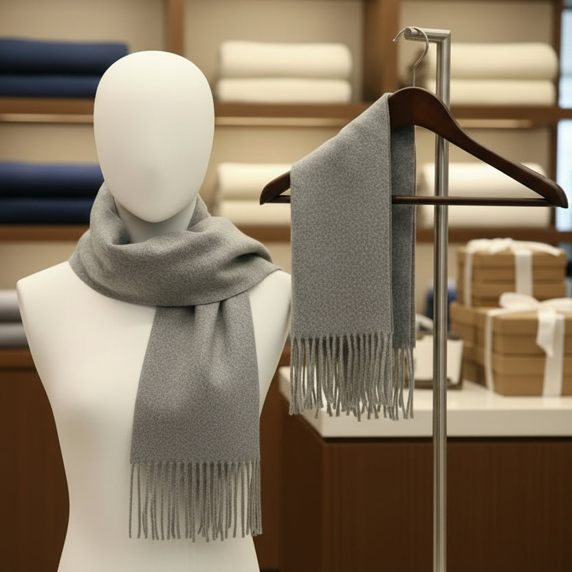 Grey scarf on a mannequin and hanger in a store setting