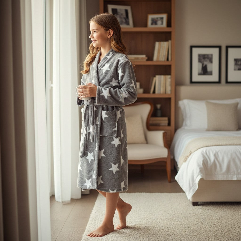 Girl standing barefoot by a window in a grey robe with white stars
