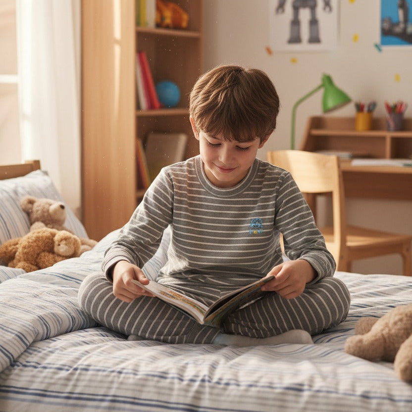 Boy in a grey and white striped pajama set reading on the bed