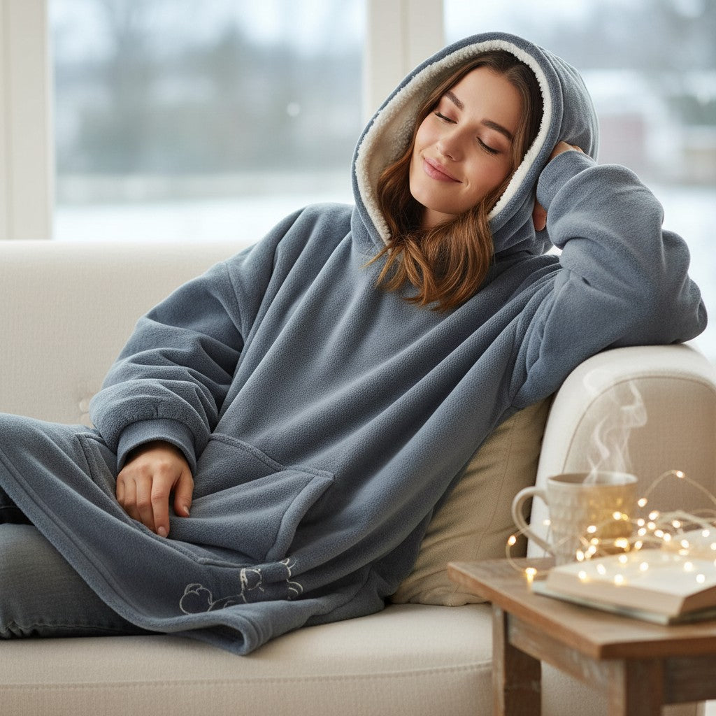 Slate grey hooded blanket worn with the hood up while reclining on a white sofa