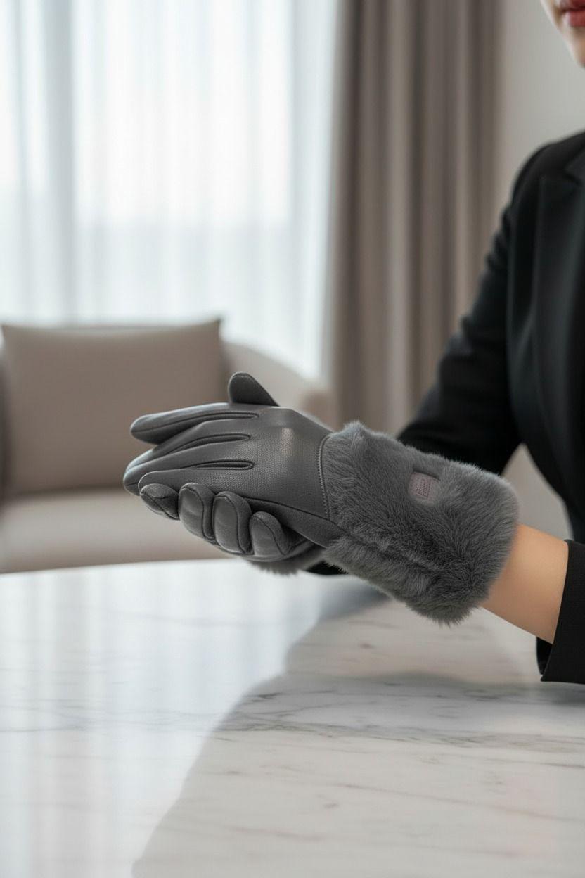 Person wearing grey leather gloves with fur cuffs in a room with a couch and window