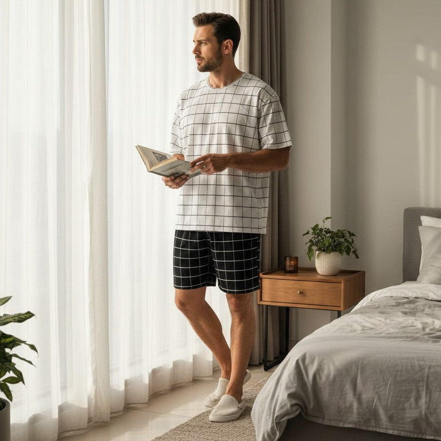 Grid check pyjama set worn holding a book beside a bedroom window