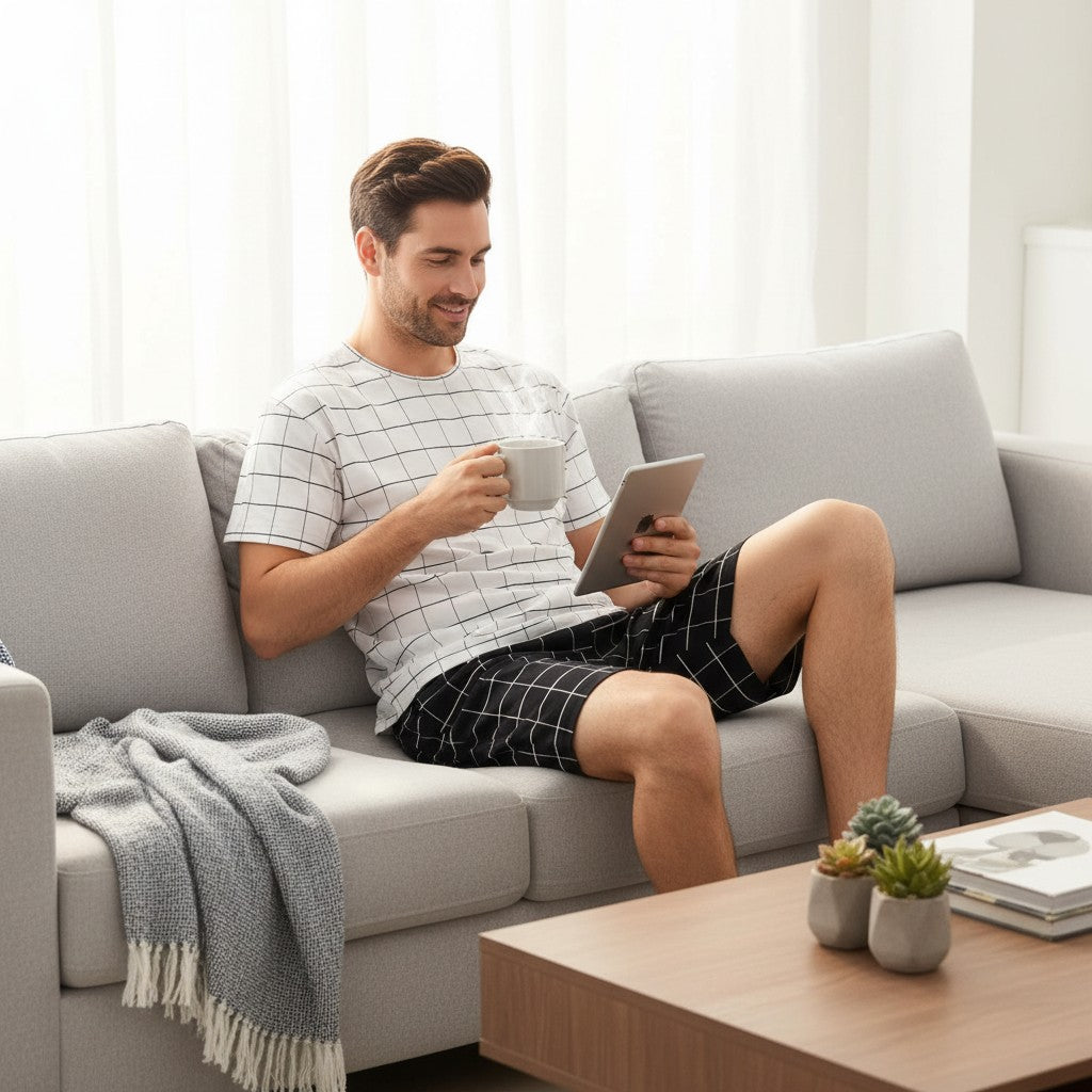 Grid check pyjama set worn on a sofa with a tablet and a mug