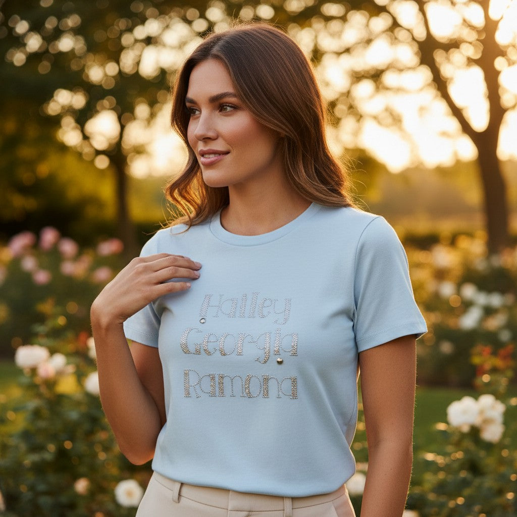 Blue beaded name women's t-shirt
