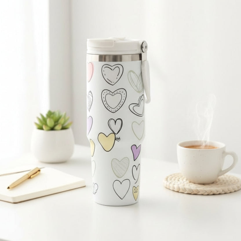 Cream travel mug with hand drawn outline hearts in pastel colours and a white lid
