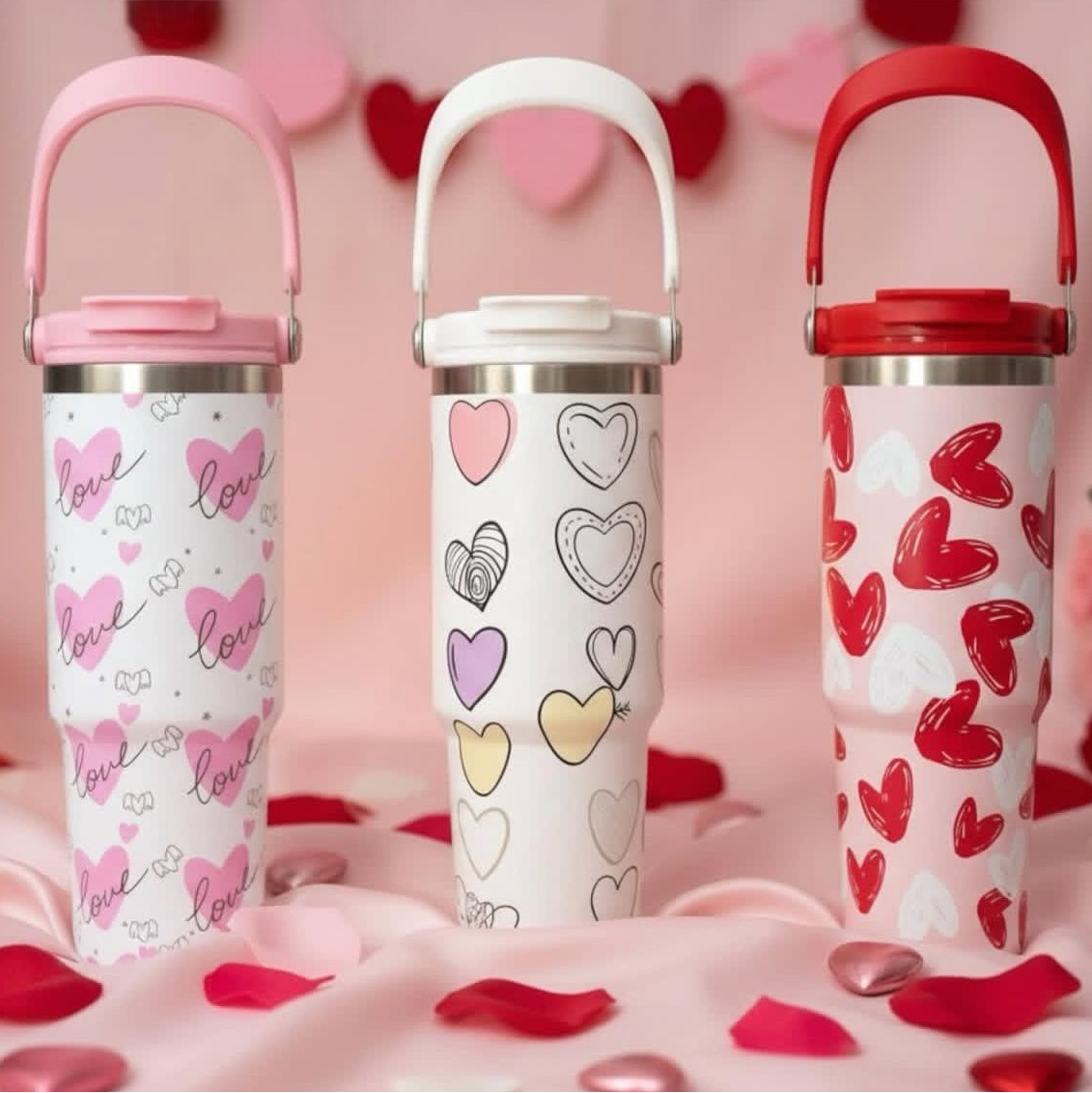 Three heart print travel mugs with flip lids and carry handles on a pink backdrop