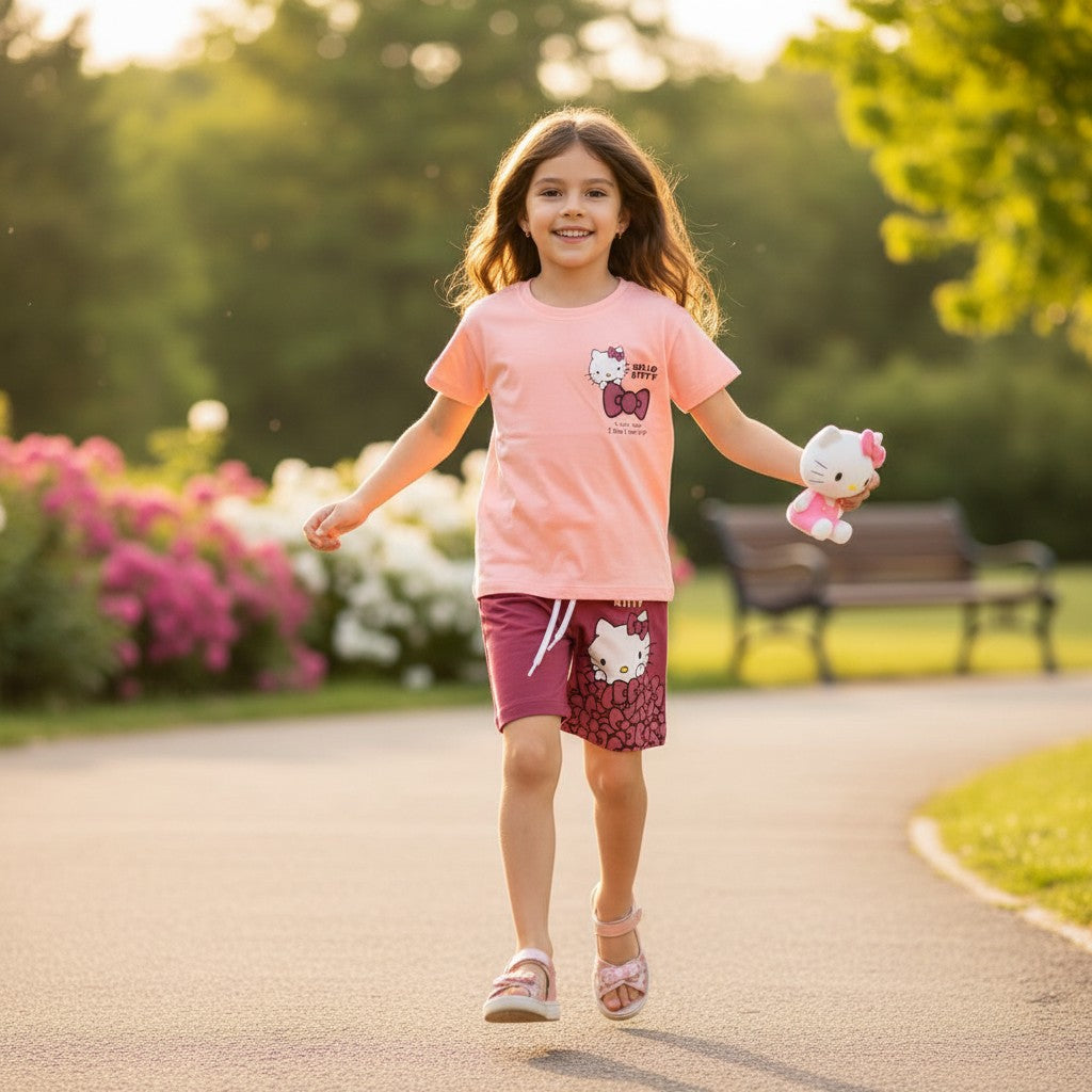Young girl in a park wearing a pink Hello Kitty shirt and shorts, holding a Hello Kitty plush toy.