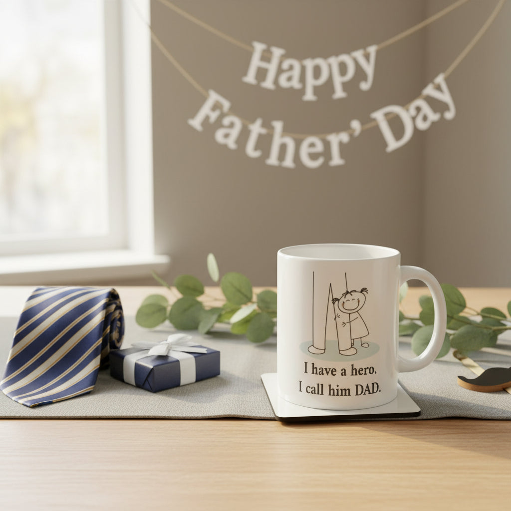 Mug and coaster set with 'I have a hero, I call him DAD' text on a glass surface.