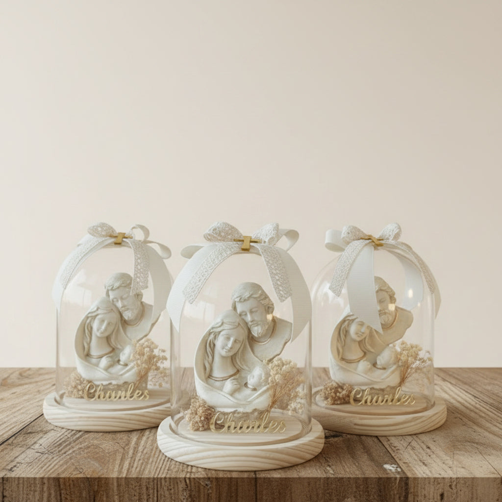 Deeper carved Holy Family set straight on a turned wood disc among gypsophila