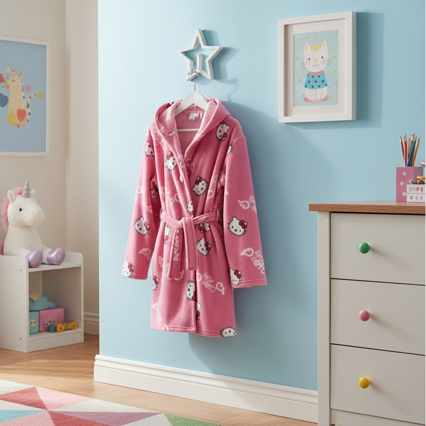 Pink children's robe with cartoon characters hanging on a hook in a room with a blue wall, white dresser, and toys