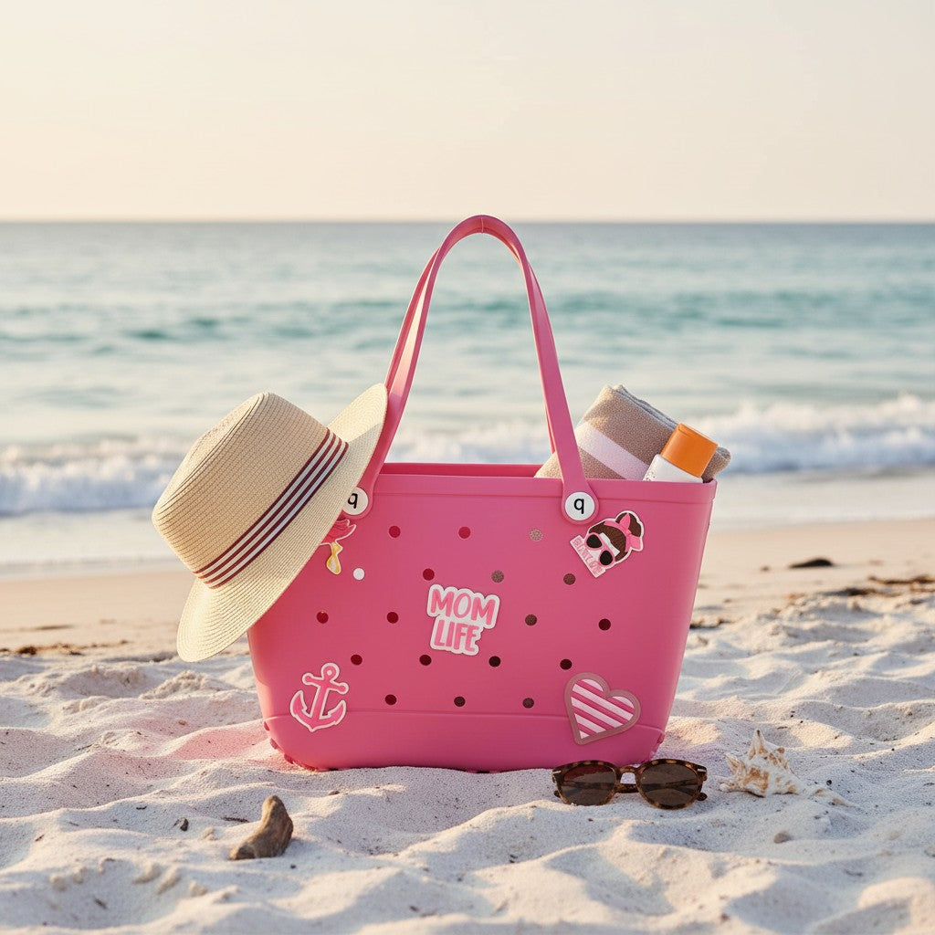 Pink beach bag with 'Mom Life' text on a sandy beach with ocean in the background