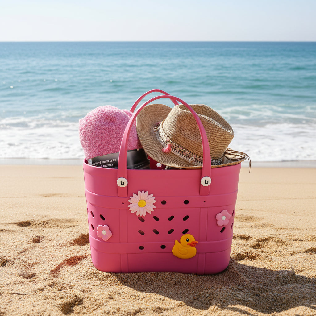 Pink crocs bag with a straw hat, and towel set on the beach.