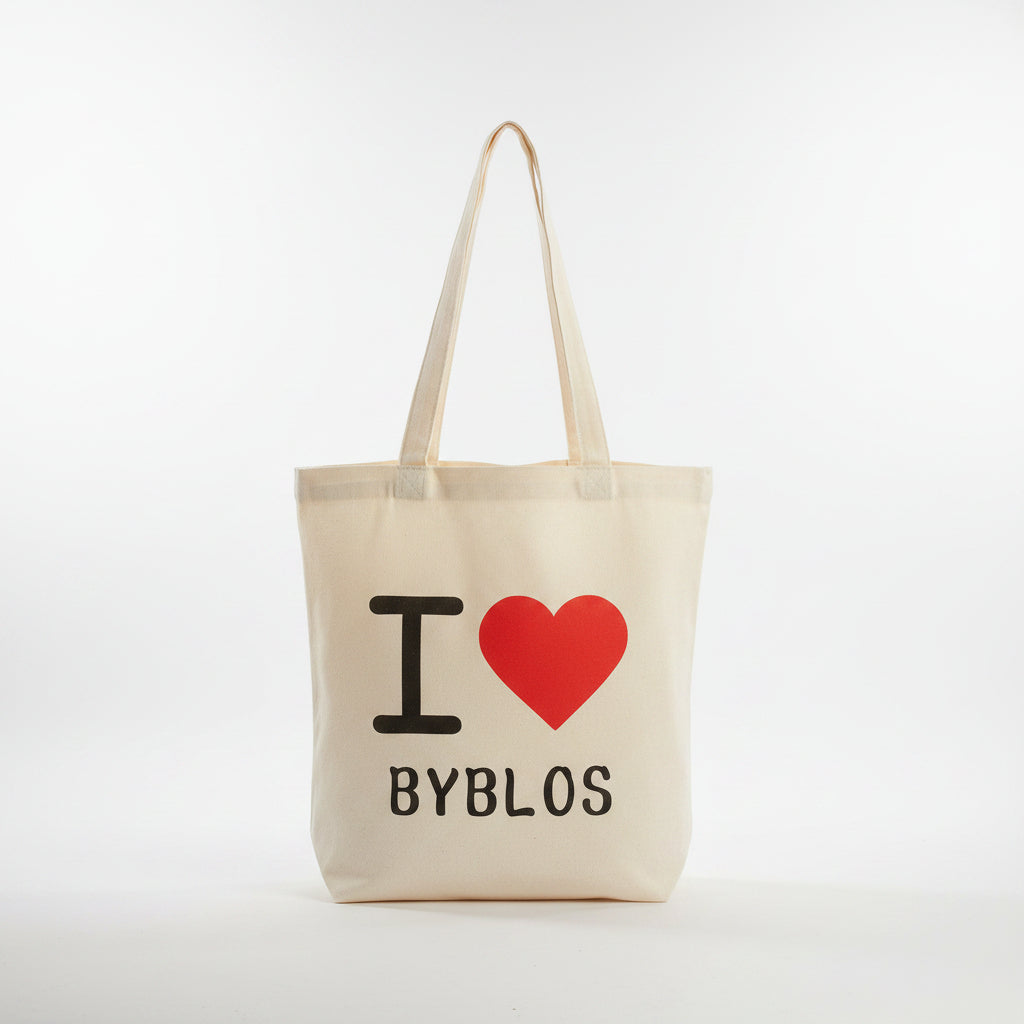 Natural canvas tote printed with a red heart above the word Byblos in black