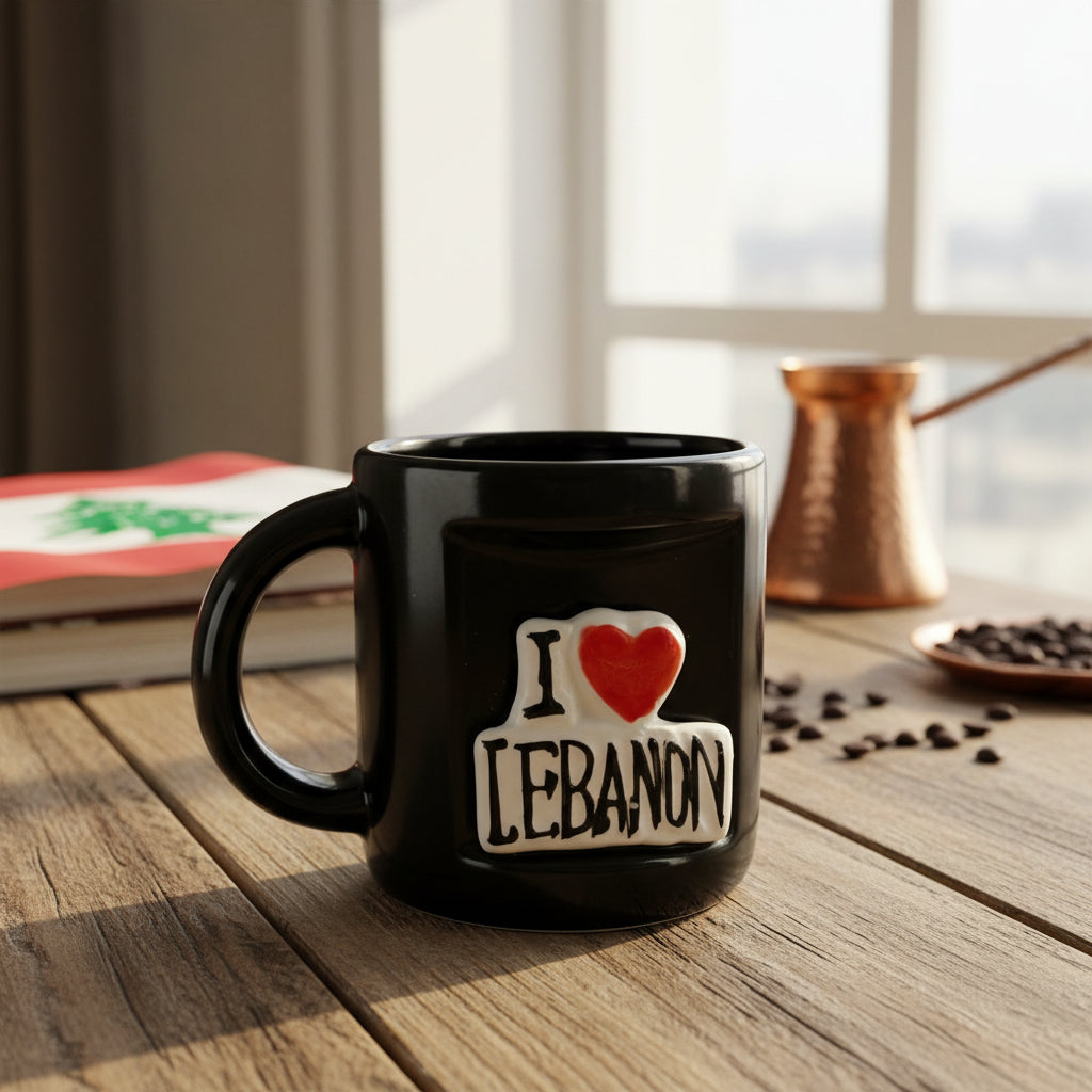 Black ceramic mug with a raised white tile reading I, a red heart, then Lebanon