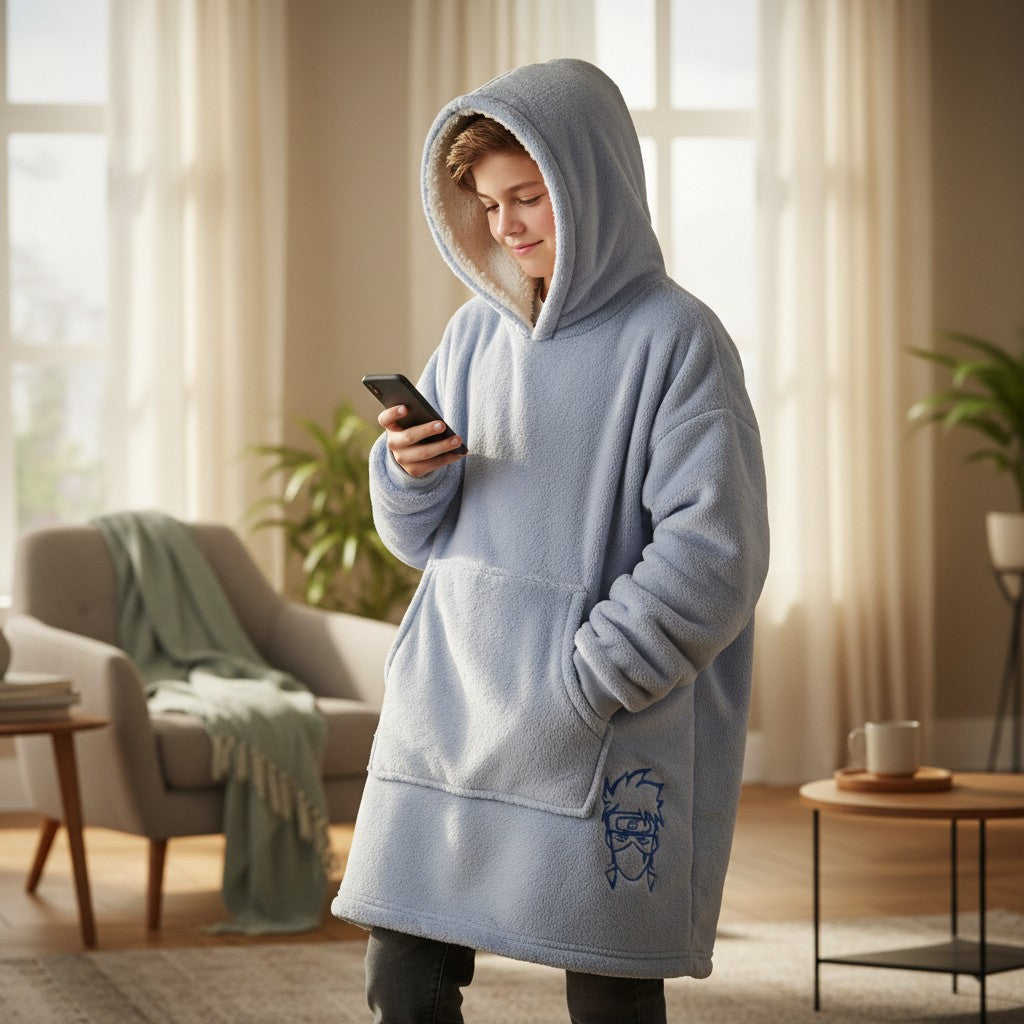 Child wearing an ice blue sherpa hooded blanket with the hood up holding a phone